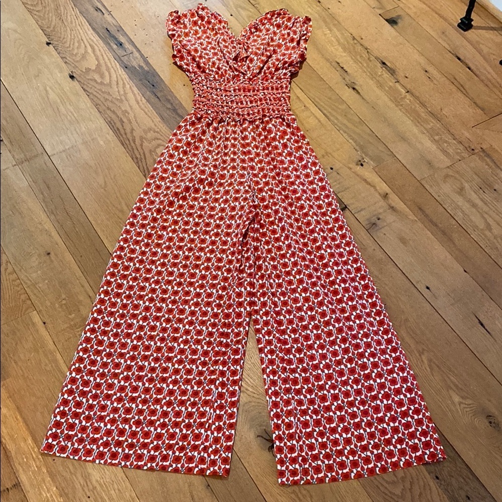 Max Studio Wide Leg Double V Rouched Shoulder Smocked Waist Pull On Red Poppy XS - Picture 1 of 9